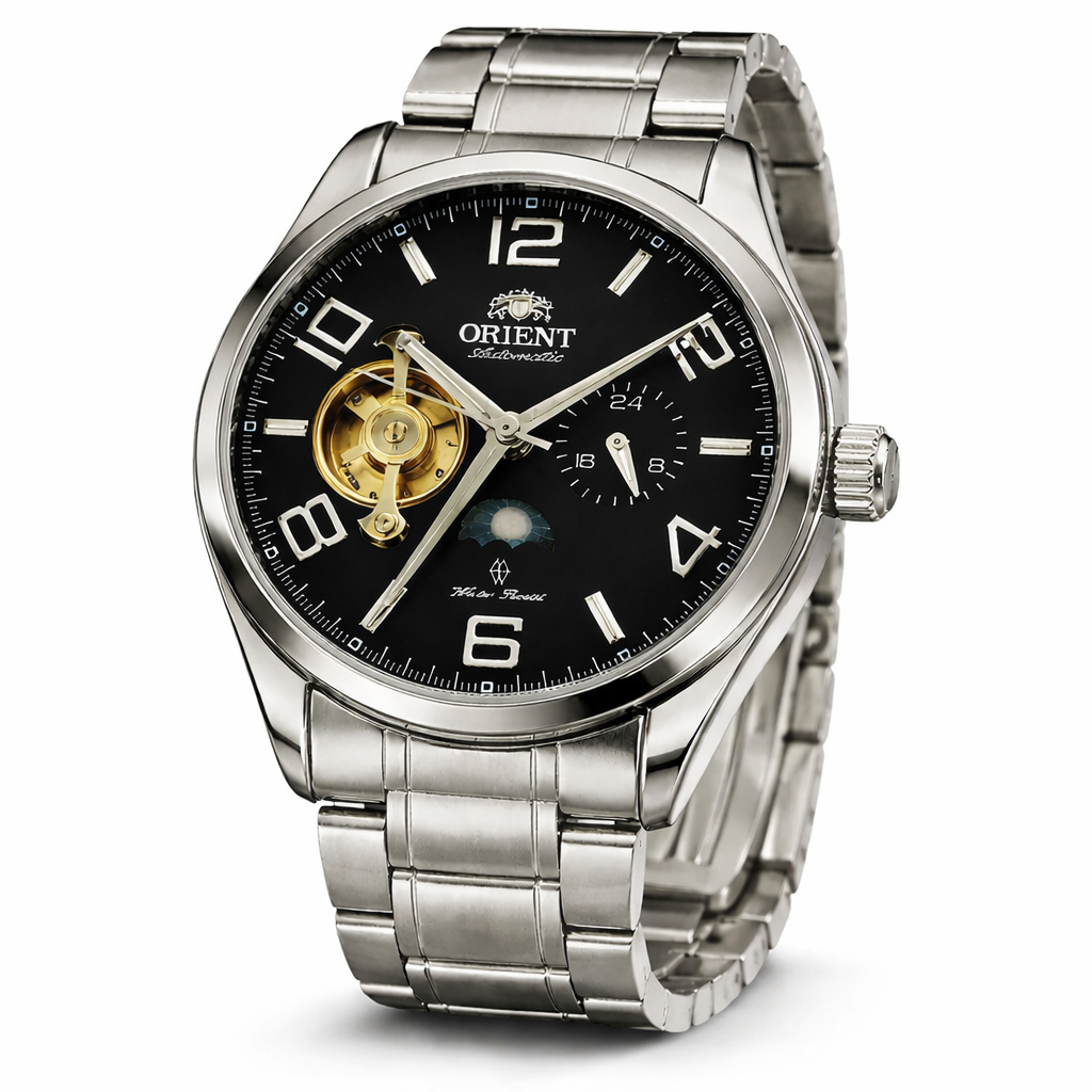 Orient Automatic Open Heart Men Watch Black Dial Stainless Steel 22 Jewels