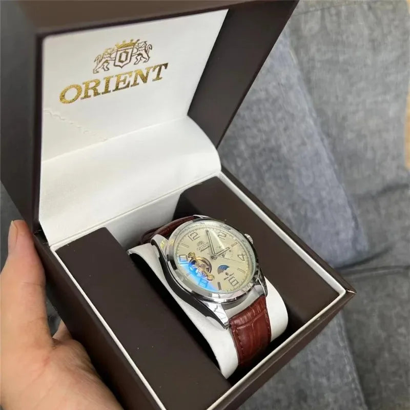 Orient Automatic Open Heart Men Watch White Dial Brown Leather 22 Jewels