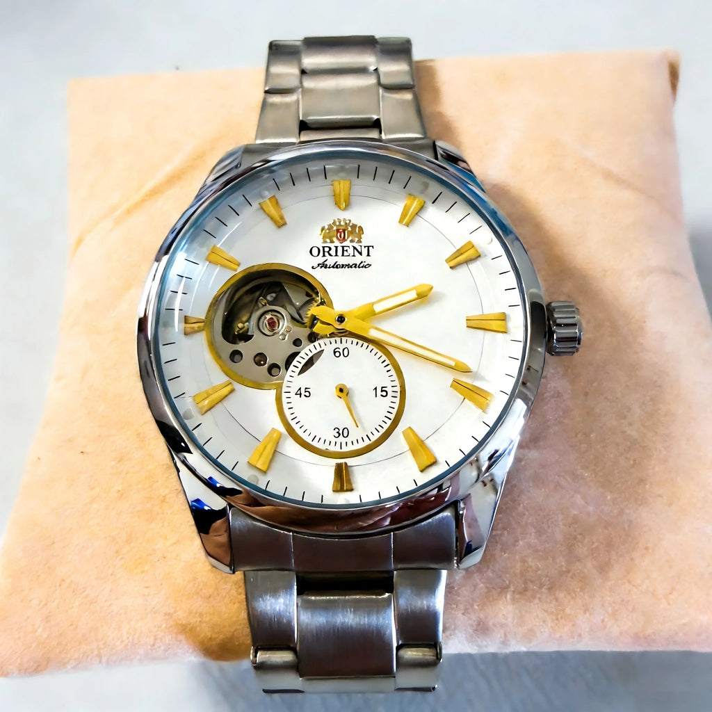 Orient Men Automatic Skeleton Watch White Dial Stainless Steel Luminous