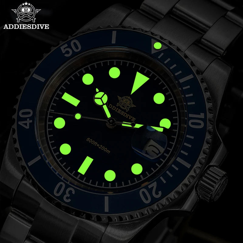 ADDIESDIVE Men Quartz Dive Watch 200m Waterproof Blue Dial C3 Lume Date