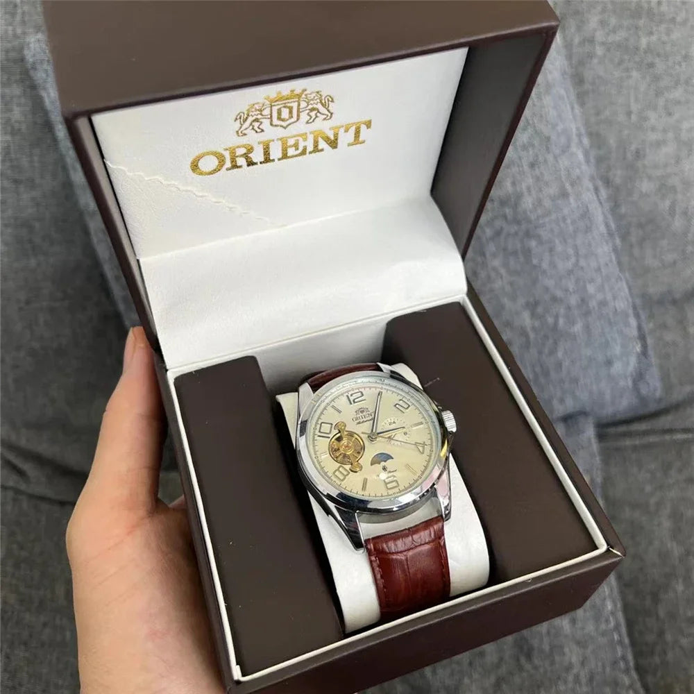 Orient Automatic Open Heart Men Watch White Dial Brown Leather 22 Jewels