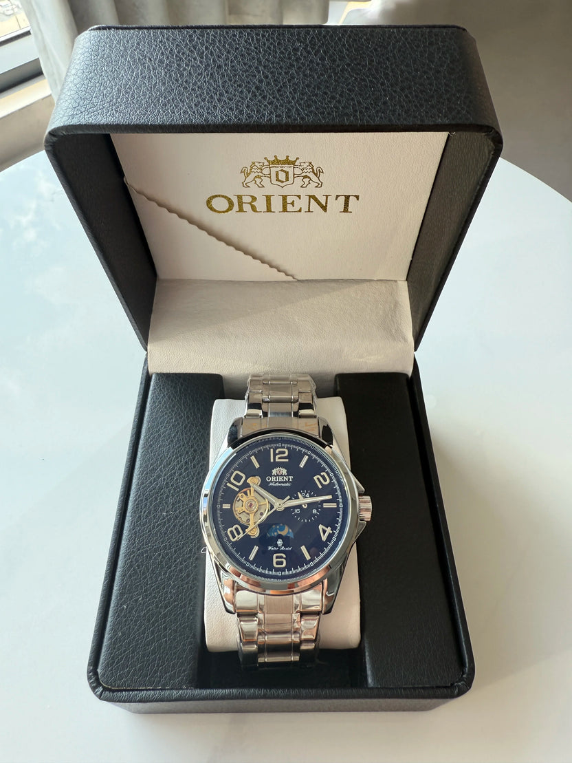 Orient Automatic Open Heart Men Watch Black Dial Stainless Steel 22 Jewels