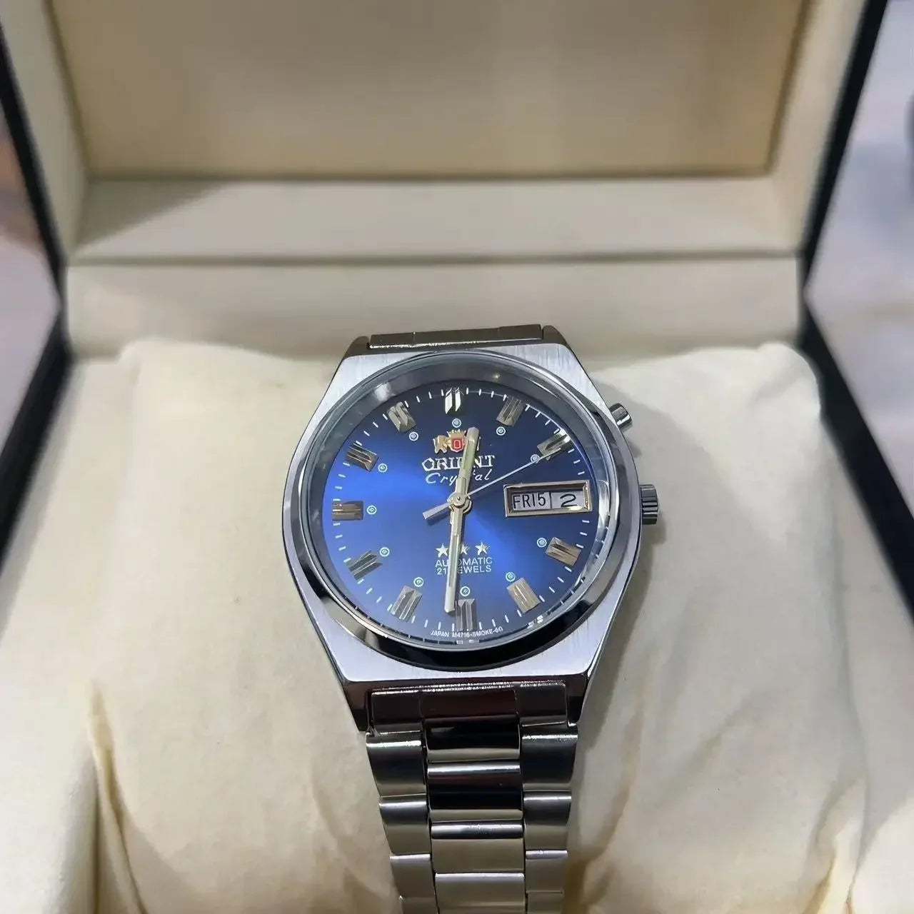 Orient Crystal Automatic Three Star Men Watch Blue Dial Day Date 21 Jewels