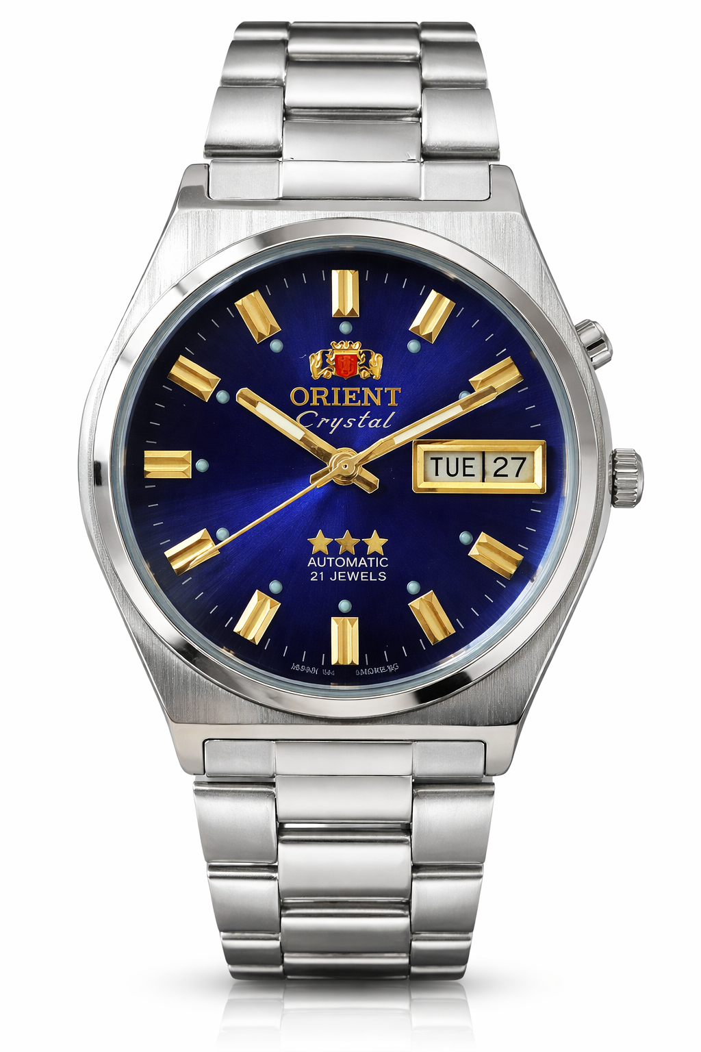 Orient Crystal Automatic Three Star Men Watch Blue Dial Day Date 21 Jewels