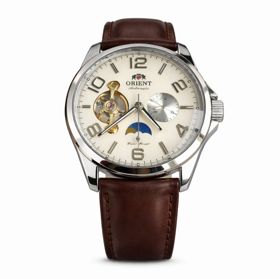 Orient Automatic Open Heart Men Watch White Dial Brown Leather 22 Jewels